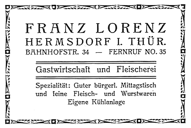 Anzeige Franz Lorenz Fleischerei und Gastwirtschaft.